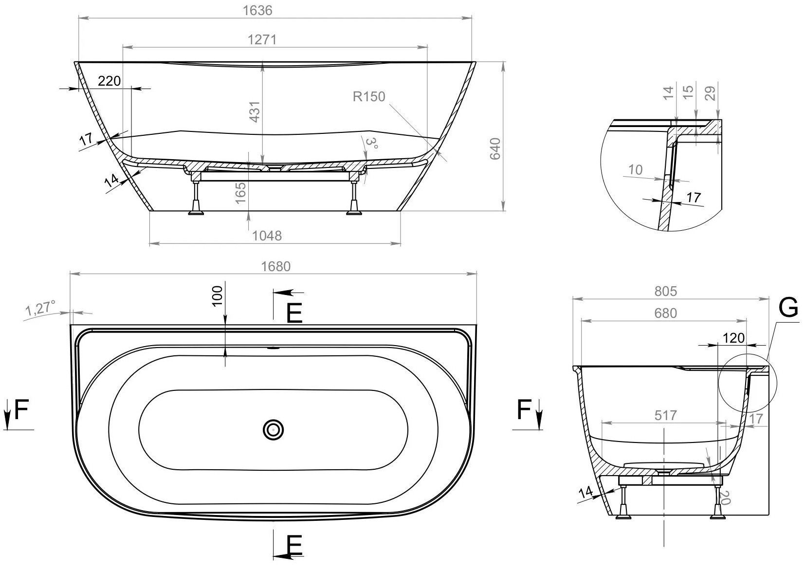 Ванна пристенная BAS Палермо 168x80, ВА00024