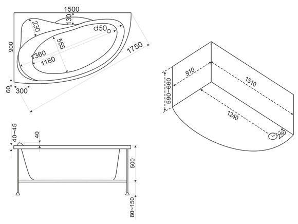 Акриловая ванна BAS Вектра 150x90