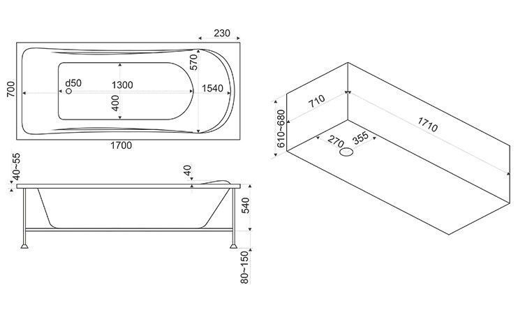 Акриловая ванна BAS Атланта 170x70, В 00003