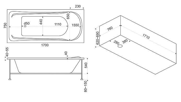 Акриловая ванна BAS Мальта 170x75, В 00023