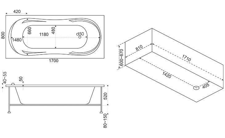 Акриловая ванна BAS Ахин 170x80, В 00005