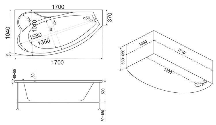 Акриловая ванна BAS Николь 170x102