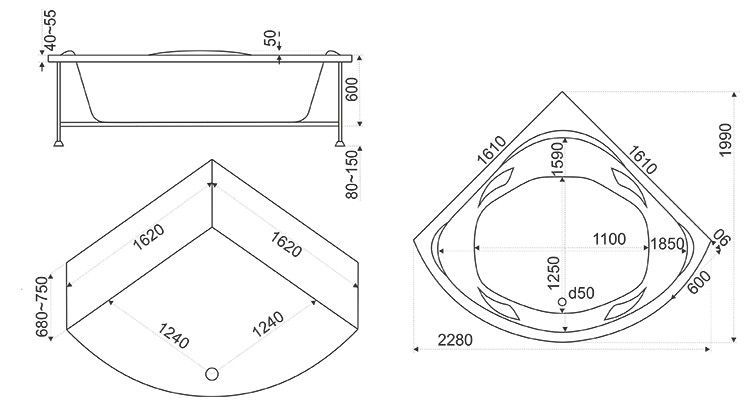 Акриловая ванна BAS Ривьера 161x161, В 00029