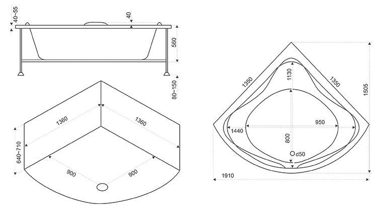 Акриловая ванна BAS Риола 135x135, В 00030