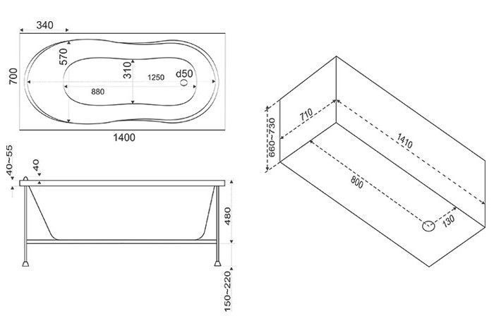Акриловая ванна BAS Тесса 140x70