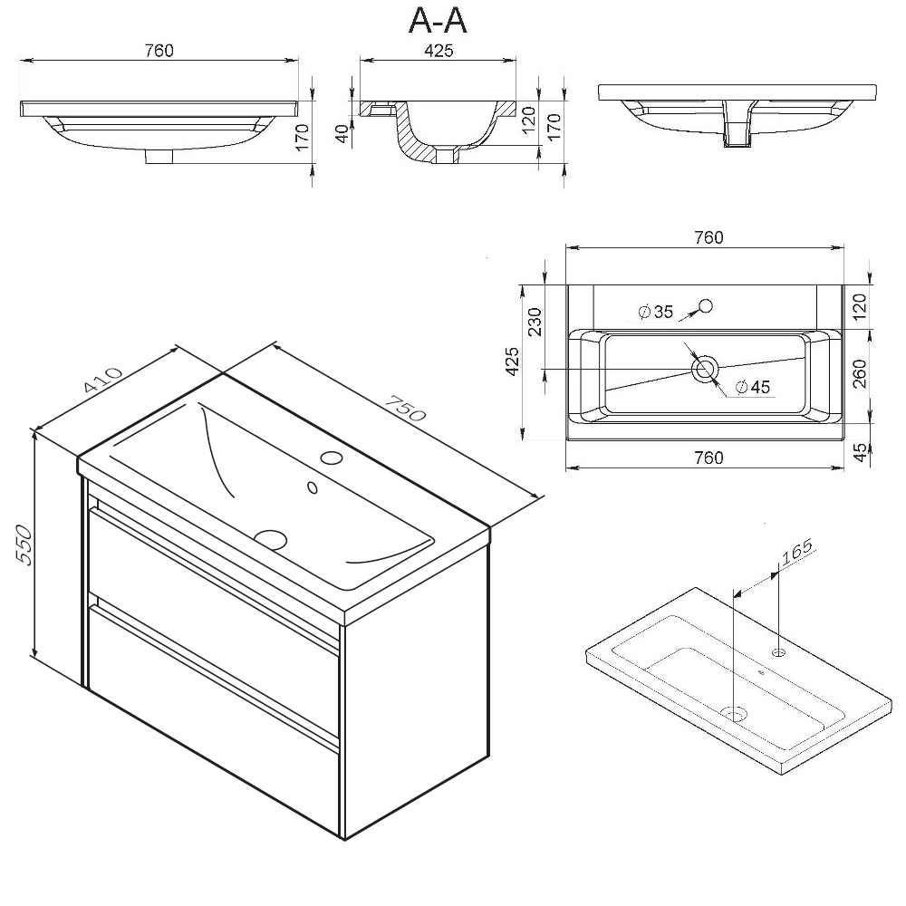 База с раковиной подвесная Pulse, 75 см, цвет: белый, глянец/графит