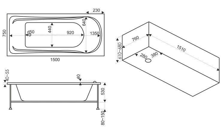 Акриловая ванна BAS Бриз 150x75, В 00006