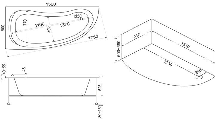 Акриловая ванна BAS Алегра 150x90